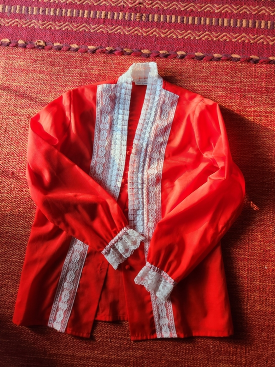 Tops - Red Lace Trim Vintage-Style Blouse